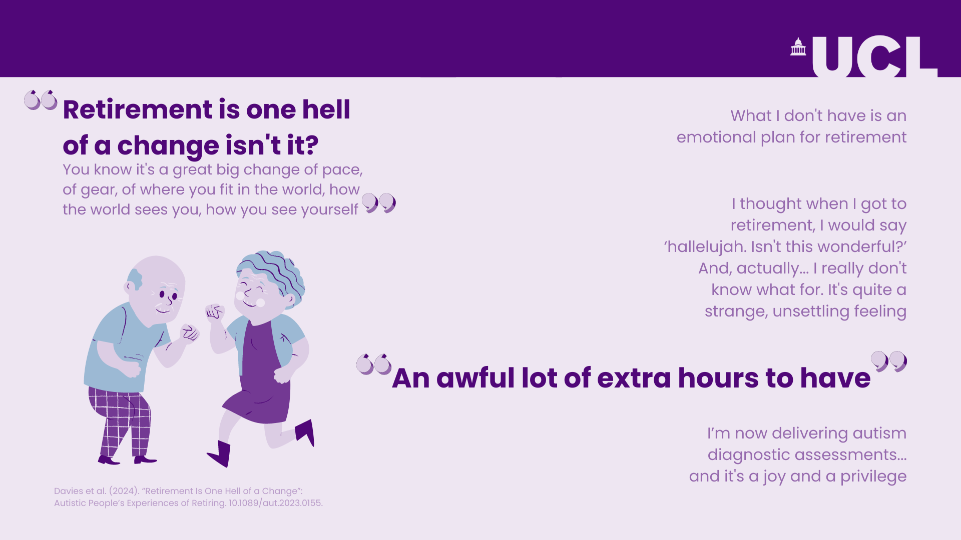 Quotes from participants. Purple UCL logo Retirement is one hell of a change isn't it? You know it's a great big change of pace, of gear, of where you fit in the world, how the world sees you, how you see yourself What I don't have is an emotional plan for retirement I thought when I got to retirement, I would say'hallelujah. Isn't this wonderful?' And, actually... I really don't know what for. It's quite a strange, unsettling feeling An awful lot of extra hours to have. I'm now delivering autism diagnostic assessments... and it's a joy and a privilege Davies et al. (2024). "Retirement Is One Hell of a Change": Autistic People's Experiences of Retiring. 10.1089/aut.2023.015