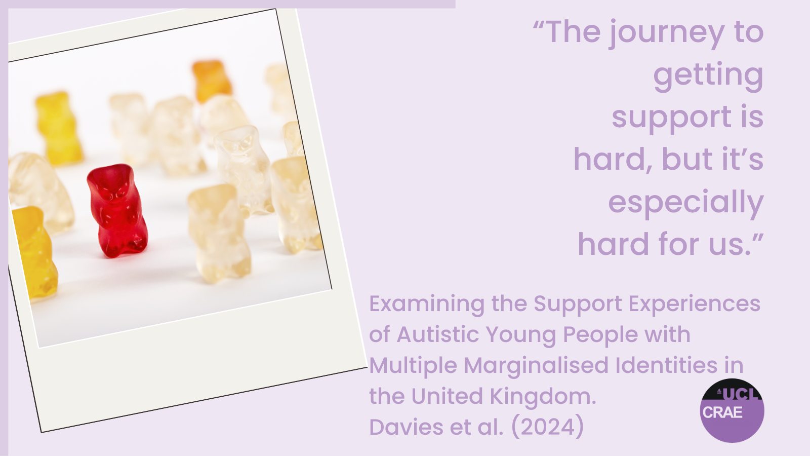 "An infographic titled 'Multiple Marginalised: Davies (2024),' exploring the experiences of individuals who face multiple forms of marginalization, such as being autistic and belonging to other minority groups. It features colorful visuals and sections to present key findings and insights. The CRAE logo is included, showing its connection to the Centre for Research in Autism and Education."