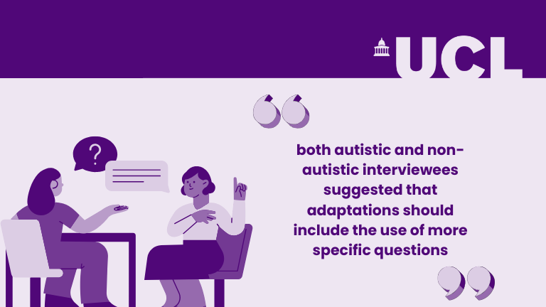 "An infographic titled 'Maras et al. (2020),' summarizing research on how autistic people experience and interact with the criminal justice system. Quote "both autistic and non-autistic interviewees suggested that adaptions should involve the use of more specific questions"