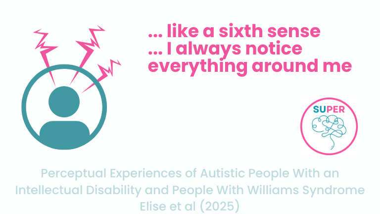 "An infographic titled 'Perceptual Experiences of Autistic People With an Intellectual Disability and People With Williams Syndrome.' It summarizes a reflexive thematic analysis, using colorful sections and visuals to highlight key findings. The CRAE logo is included, showing it’s connected to the Centre for Research in Autism and Education."