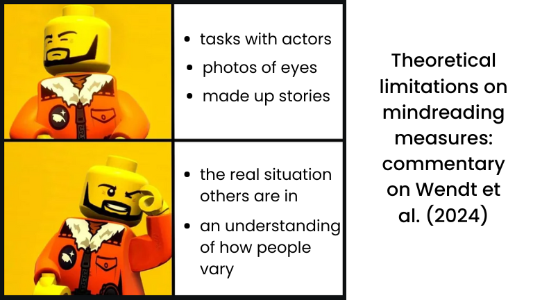 "An infographic featuring the LEGO Drake meme format. The top panel shows Drake rejecting 'Mindreading measures as universal tools' with a dismissive gesture, while the bottom panel depicts Drake approving 'Understanding mindreading measures as context-dependent and theoretically limited' with a positive gesture. The text is accompanied by colorful graphics and logos, including the CRAE logo, highlighting a critique of traditional theory of mind frameworks. The title reads 'Theoretical Limitations on Mindreading Measures,' possibly summarizing a presentation or research focus. The design is clean, engaging, and visually accessible."