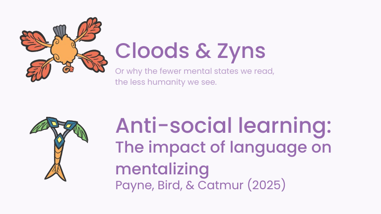 Abstract alien figures, Cloods & Zyns Text: Or why the fewer mental states we read, the less humanity we see. Paper title: Anti-social learning The impact of language on mentalizing
